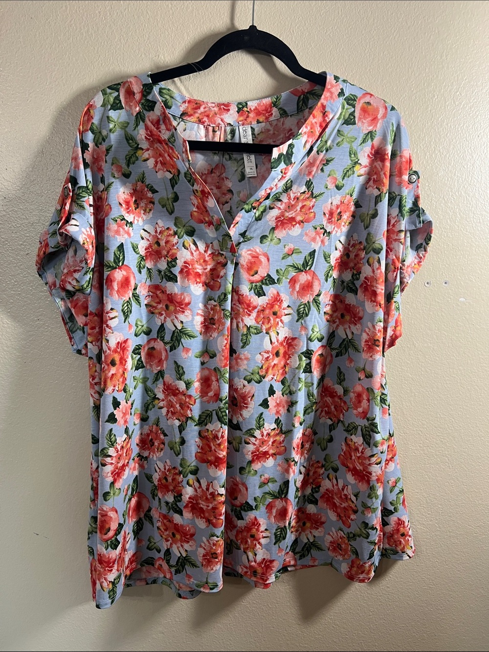 Light Blue Floral V-Neck Blouse with Coral Floral Print